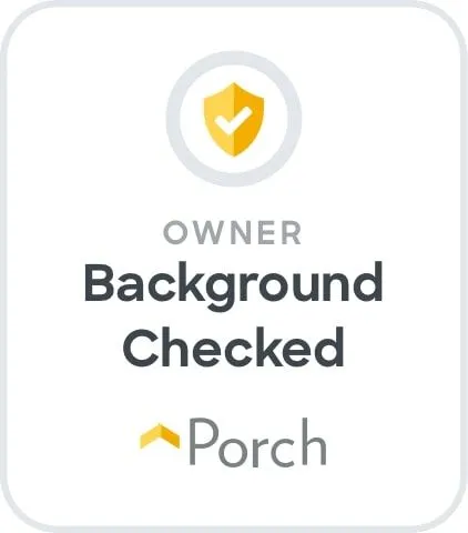 A badge that says owner background checked porch